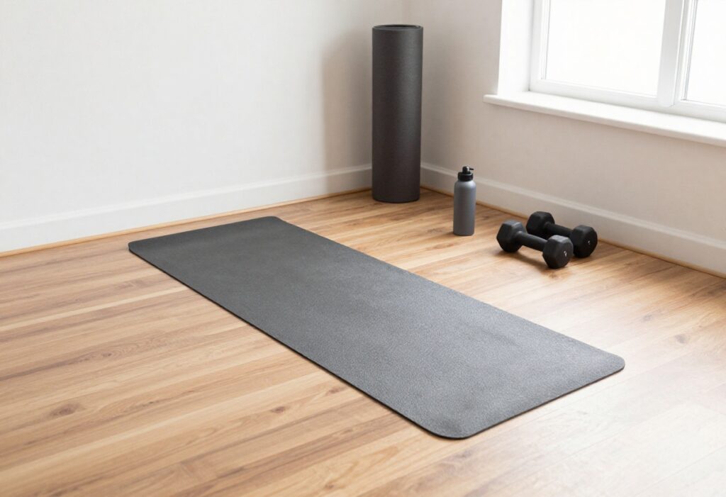 Home workout setup with yoga mat, dumbbells, and water bottle