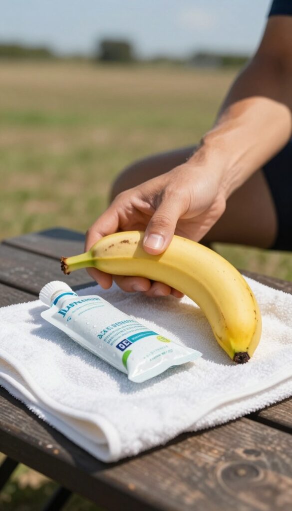Cyclist's hand holding banana and energy gel on a towel with water bottle, outdoor setting.