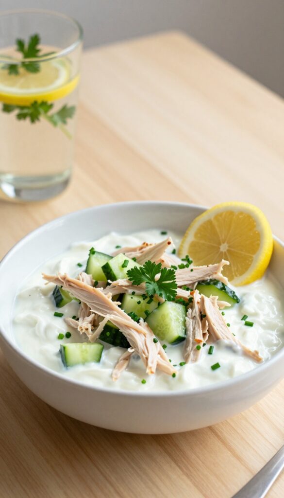 Greek yogurt chicken salad with lemon and herbs in a white bowl, garnished with parsley and chives, on a wooden table with lemon wedges and a glass of lemon water.
