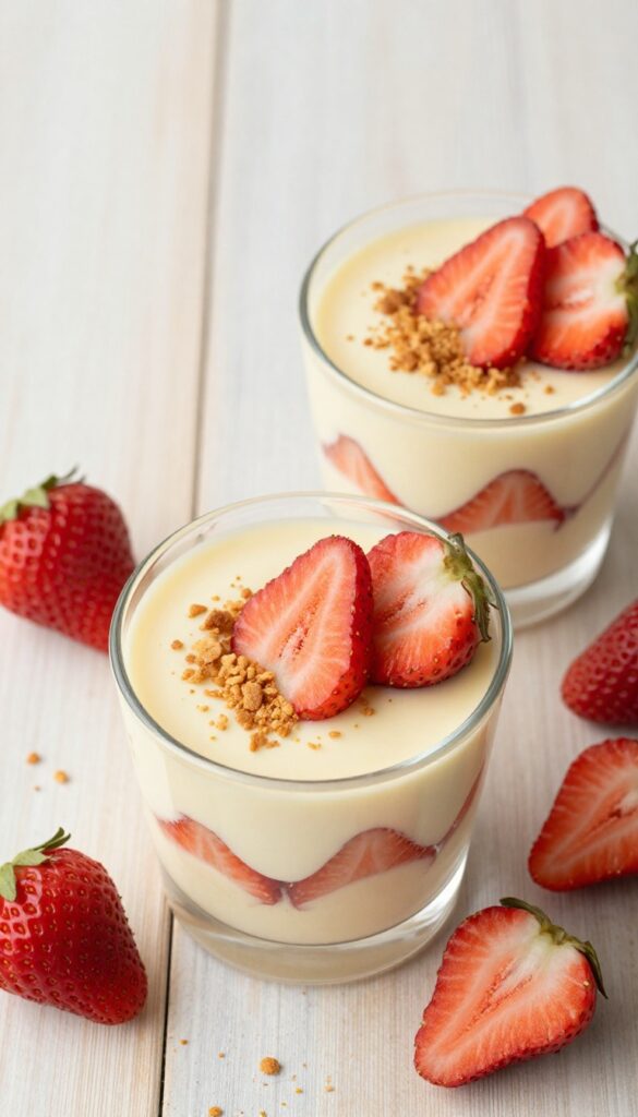 Mini strawberry cheesecake cups with fresh strawberry slices and graham cracker crumbs in clear glass cups on a wooden table.