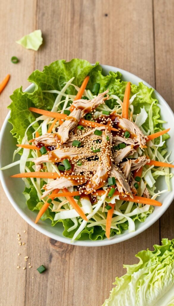 A lettuce cup filled with sesame chicken salad, topped with sesame seeds, on a wooden table.