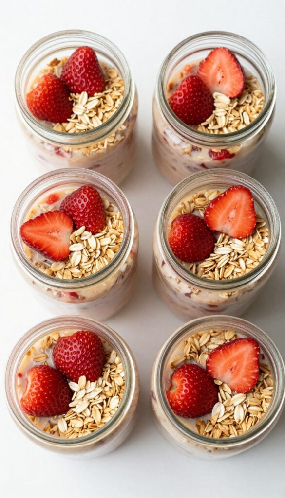 Mini mason jar strawberry crisps on a white surface