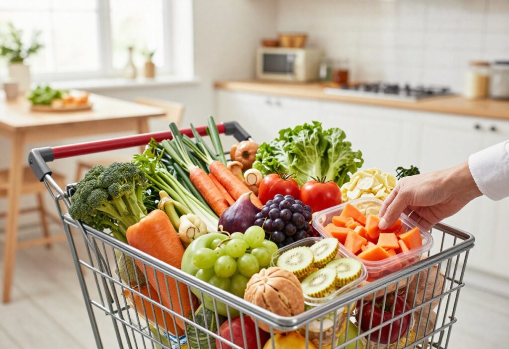 Grocery cart filled with fresh produce, lean proteins, and whole grains for a healthy diet routine.