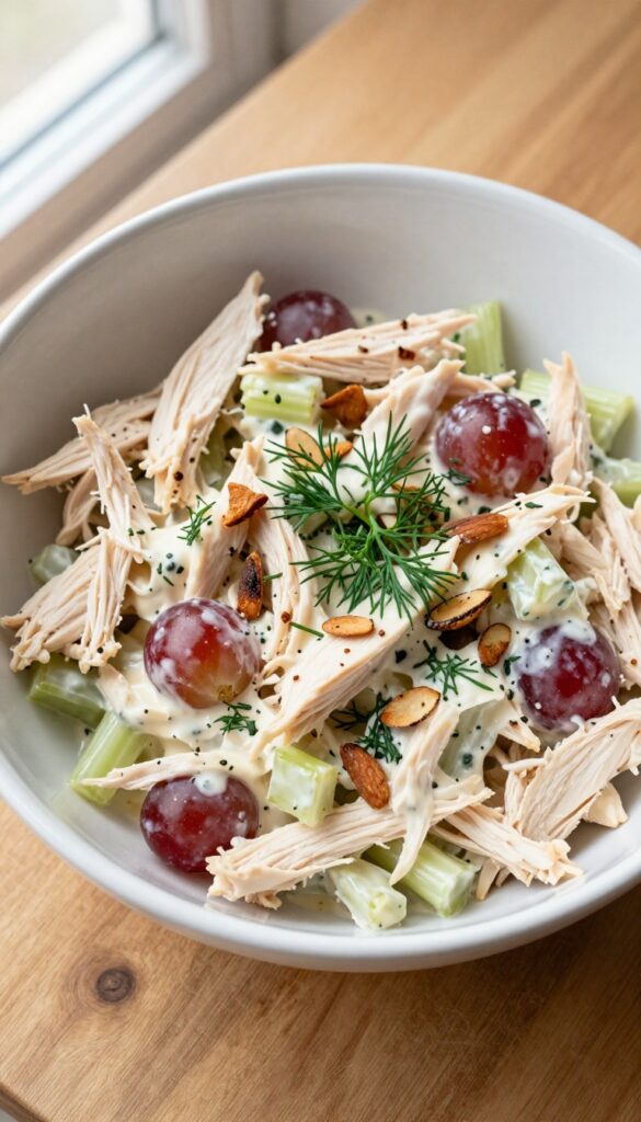 Creamy chicken salad with grapes and almonds in a white bowl on a wooden table