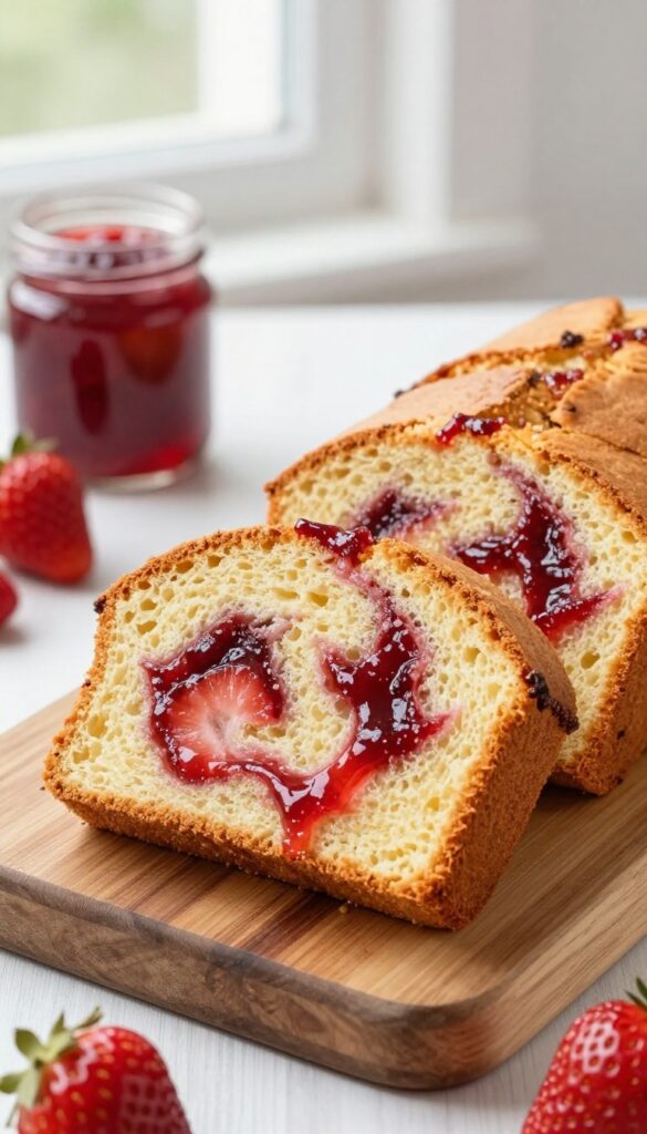 Sliced strawberry jam swirl pound cake on a wooden board with strawberries and jam jar