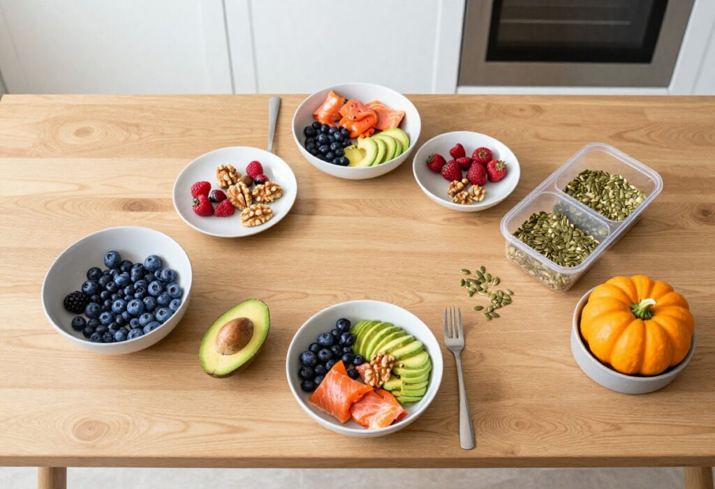 A variety of skin-friendly foods including berries, avocado, salmon, walnuts, and pumpkin seeds on a wooden table.