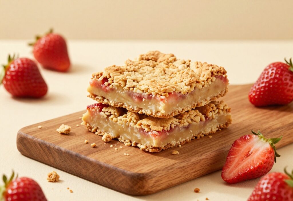 Stack of strawberry crumble bars on a wooden board with fresh strawberries