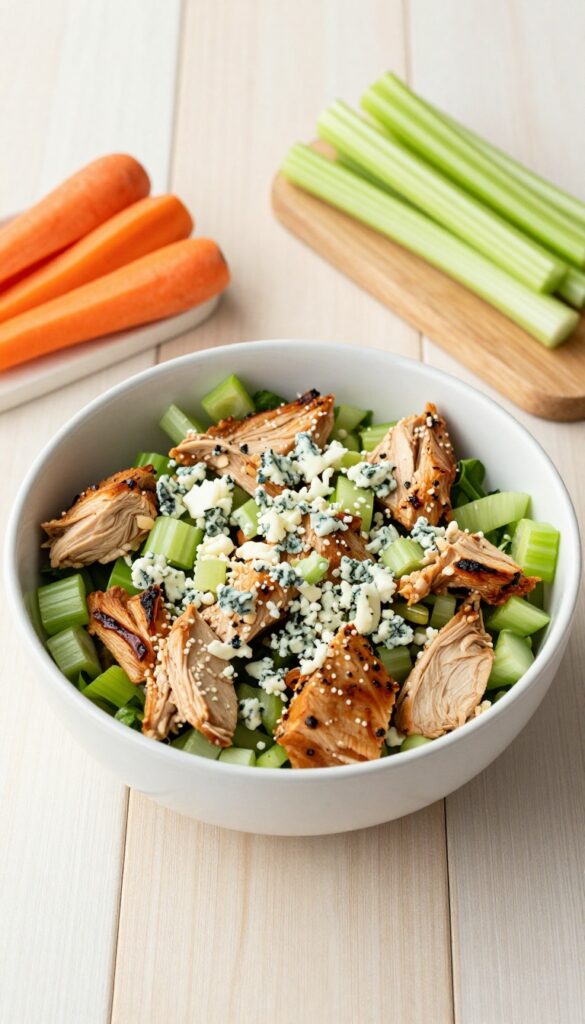 Buffalo chicken salad with blue cheese and celery served with carrot and celery sticks