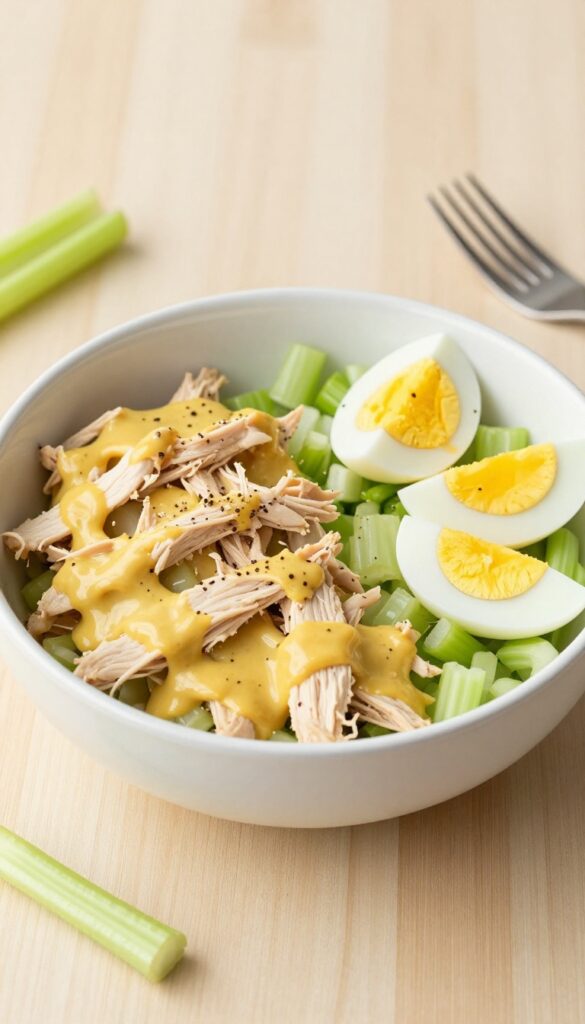 Tangy mustard chicken salad with celery crunch in a white bowl on a wooden table