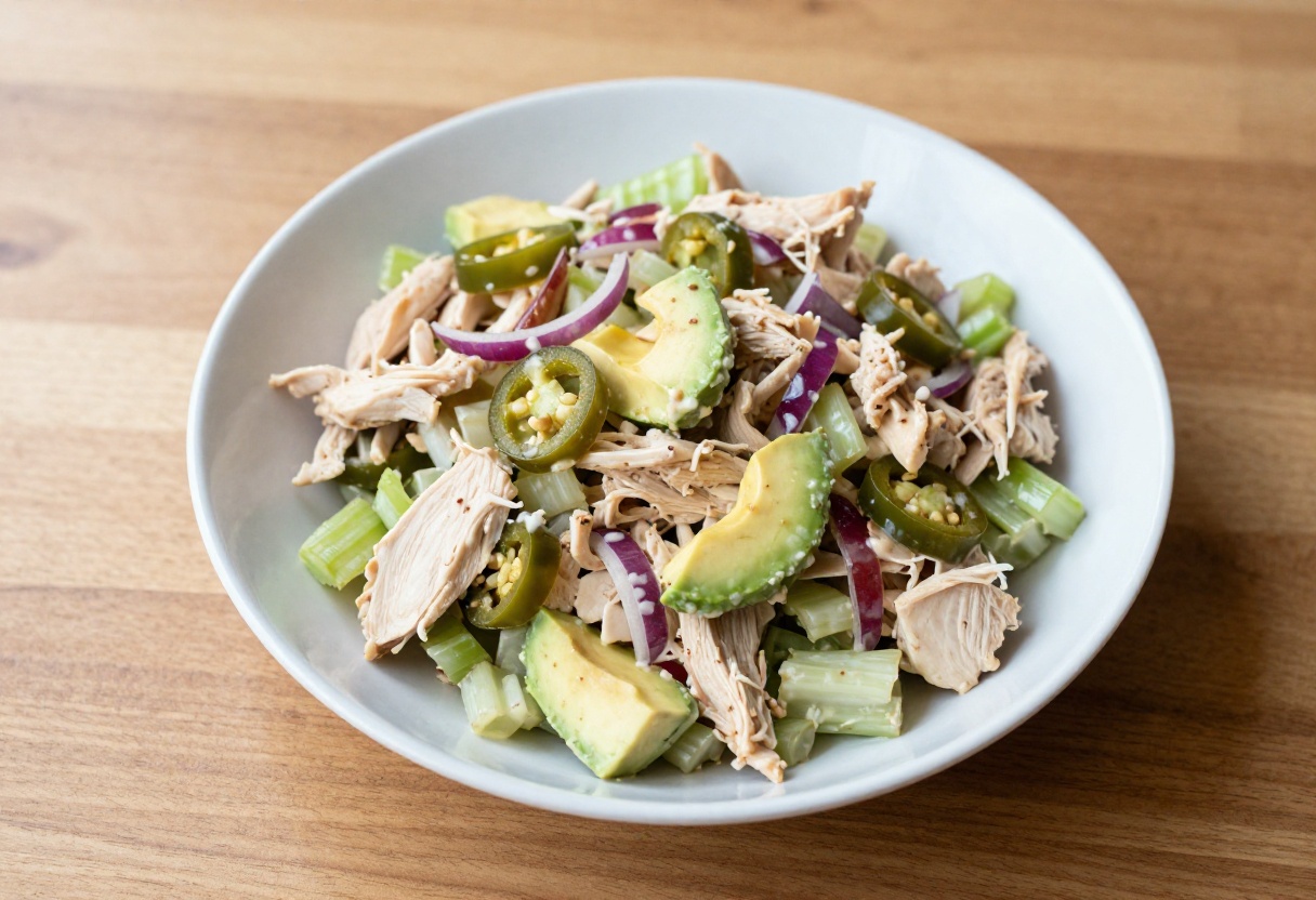 Bowl of Sassy Scotty Chicken Salad with avocado and jalapeños
