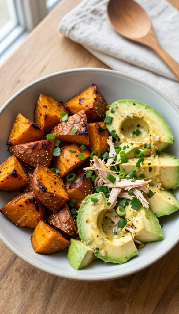 Creamy avocado and roasted sweet potato chicken salad in a rustic bowl on a wooden table, garnished with cilantro and green onions.