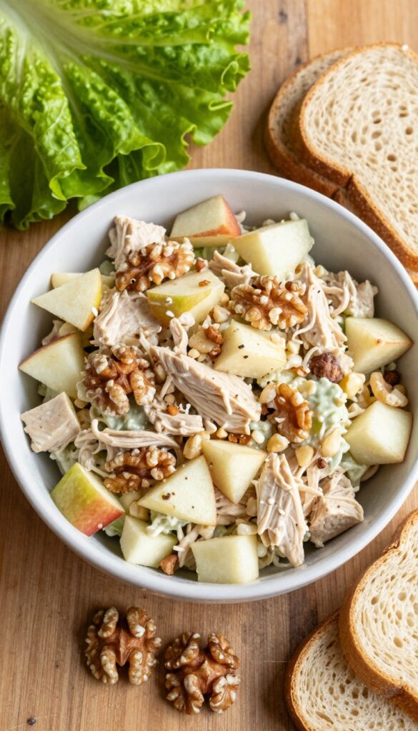Crunchy Apple and Walnut Chicken Salad in a wooden bowl with lettuce and bread