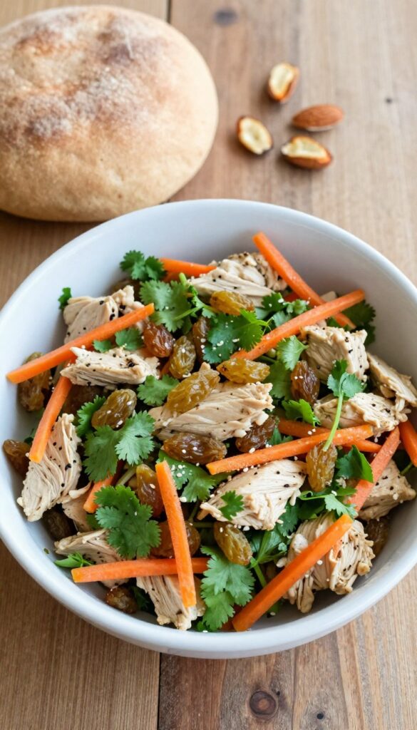 Bowl of curried chicken salad with raisins and carrots, pita and almonds on wooden table