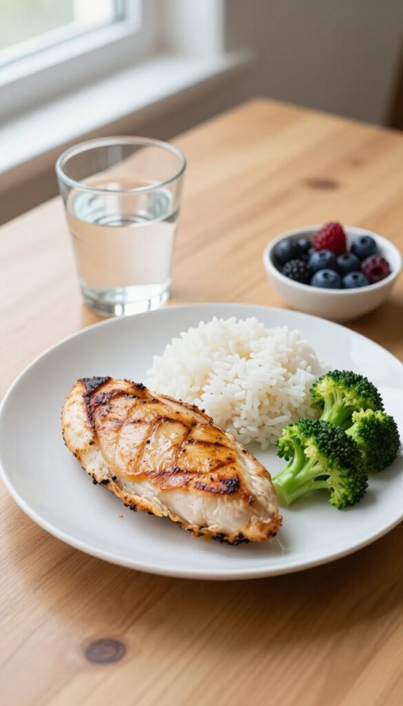 Post-workout meal of grilled chicken, rice, broccoli, berries, and water on a wooden table