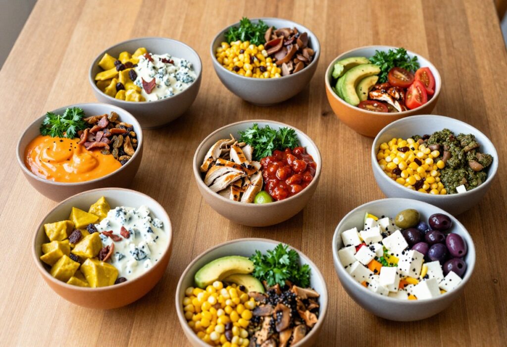 Seven bowls of bold chicken salads with different flavors arranged on a wooden table.