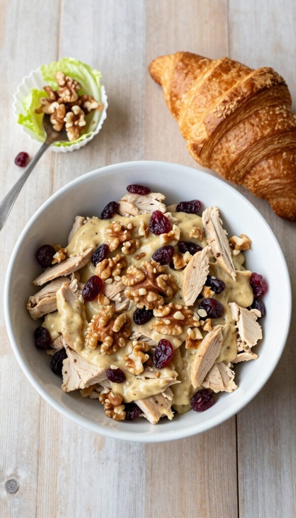 Honey mustard cranberry walnut chicken salad in a bowl with croissant and lettuce cups