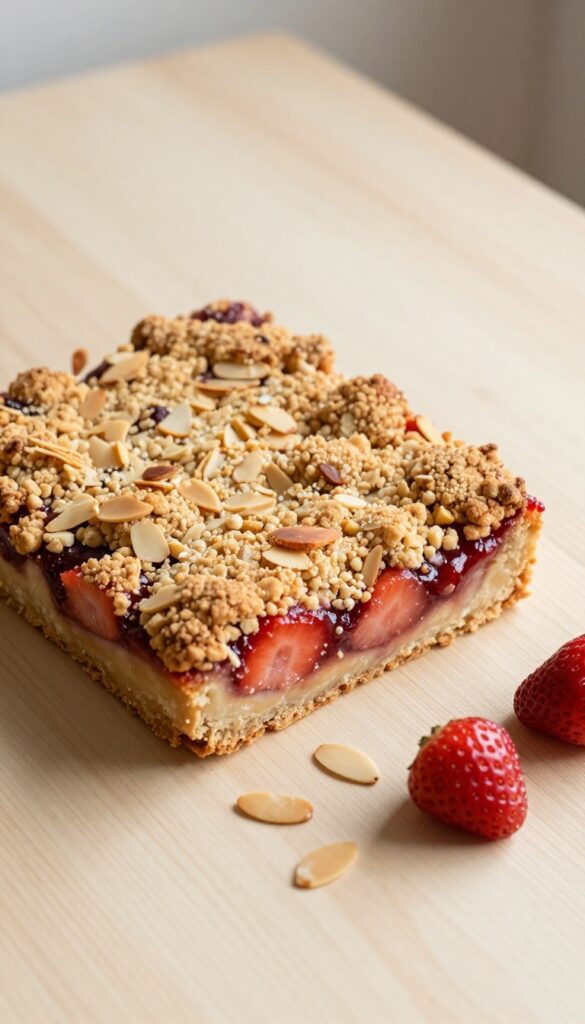 Almond strawberry crumble bar on a wooden table with fresh strawberries and almonds