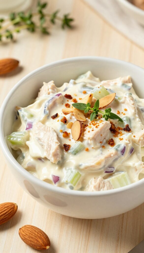 Creamy tarragon chicken salad with toasted almonds in a white bowl on a wooden table, garnished with fresh tarragon.