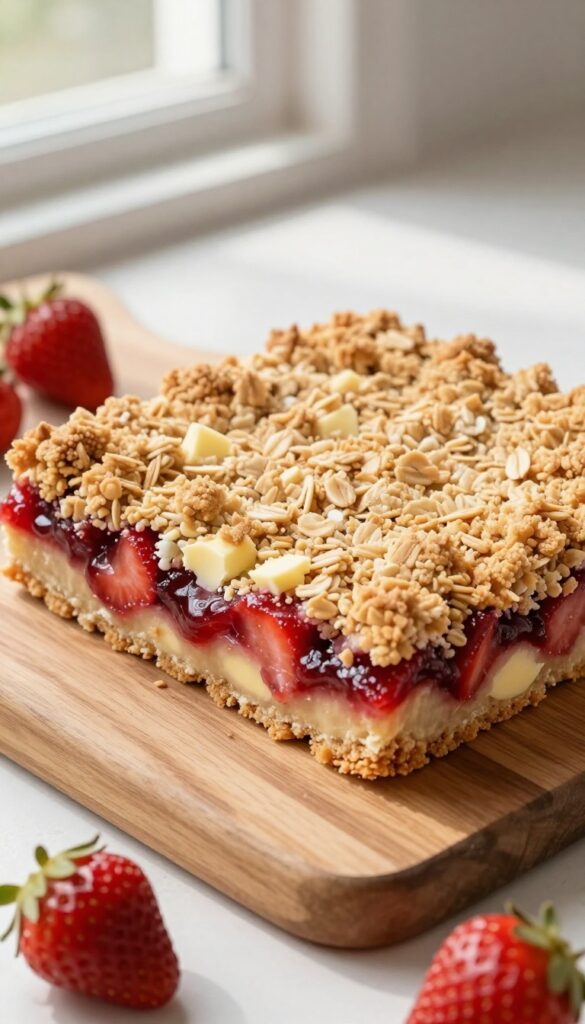 Classic Strawberry Crumble Bars on a wooden board with fresh strawberries.