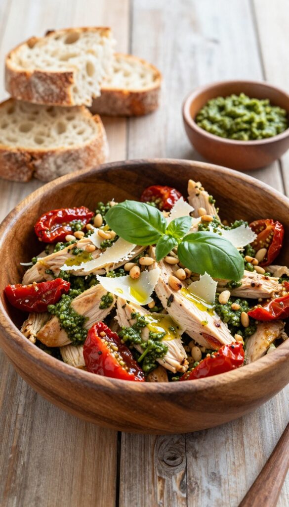 Bold Pesto and Sun-Dried Tomato Chicken Salad in a rustic bowl with bread and garnishes.