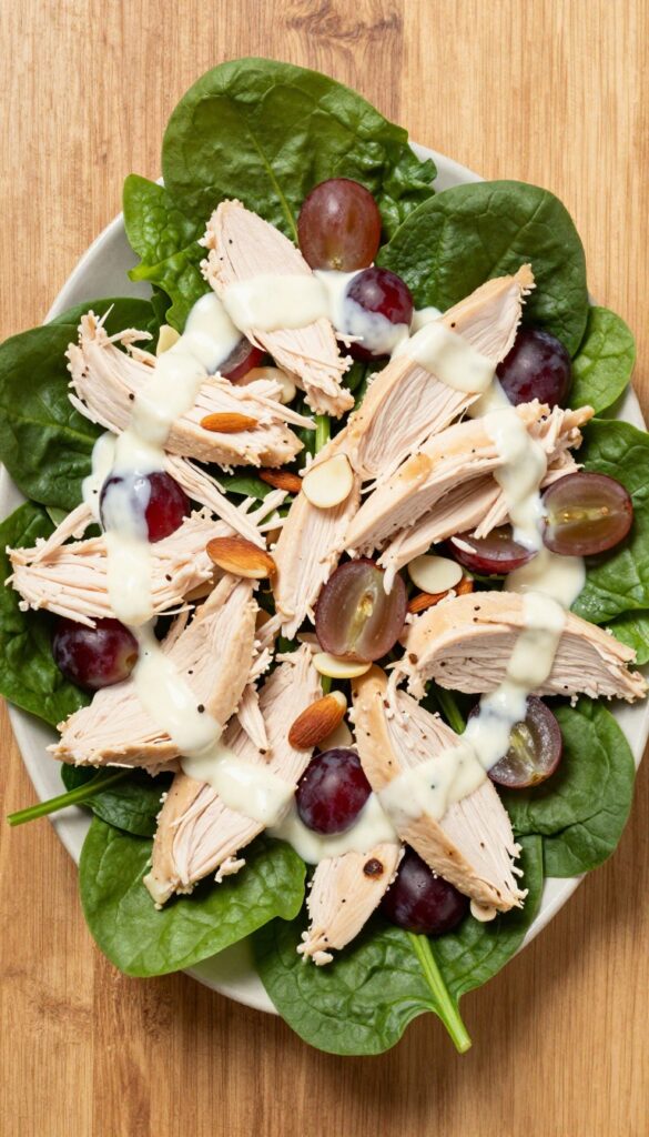 Grape and almond chicken salad with spinach on a wooden table