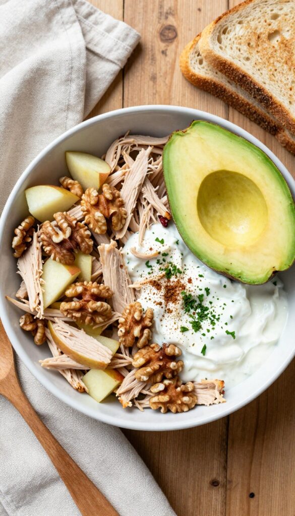 Apple and walnut chicken salad with Greek yogurt dressing in a bowl on a wooden table, with avocado and toast nearby.