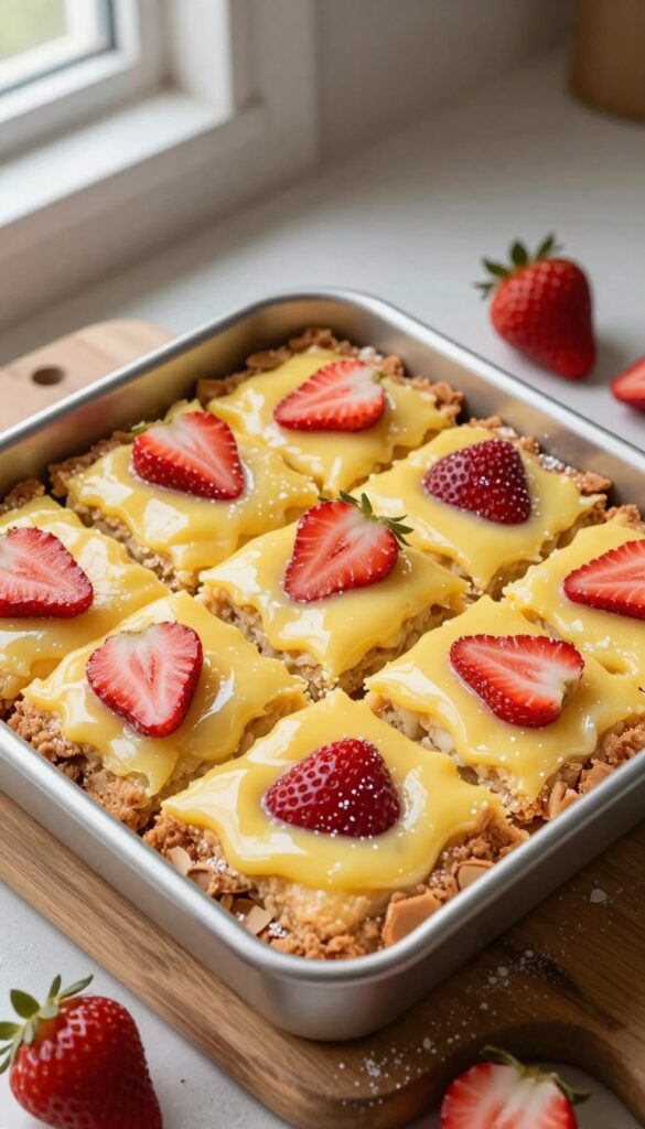 Gluten-free strawberry lemon bars with almond flour crust, sliced and displayed on a wooden board with fresh strawberries and powdered sugar.