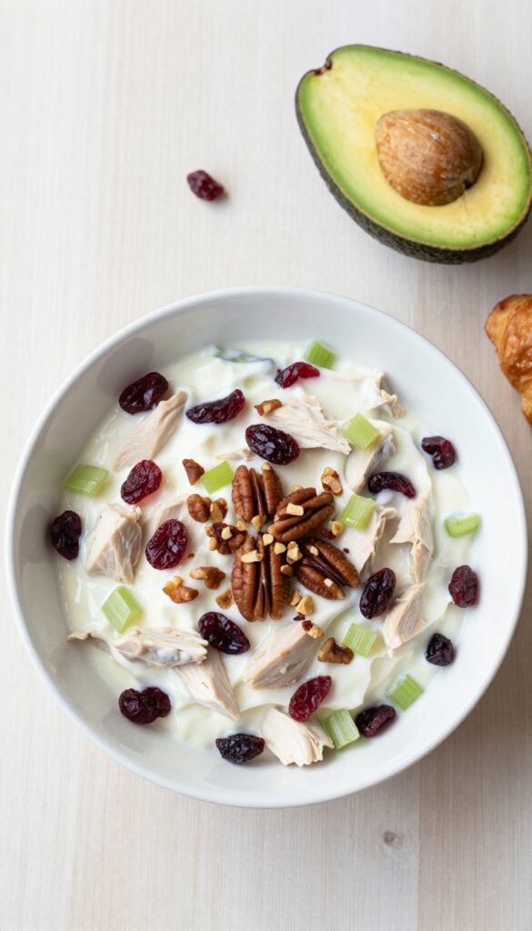 Greek yogurt cranberry chicken salad in a white bowl with avocado and croissant on a wooden table