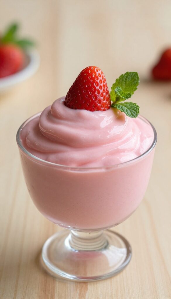 No-bake strawberry mousse with cream cheese in a glass cup, garnished with strawberry and mint