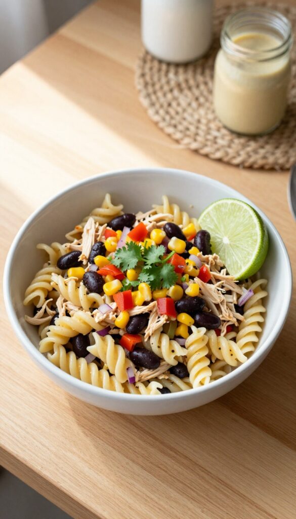 Southwest chicken pasta salad with black beans and corn in a white bowl, garnished with cilantro and lime.