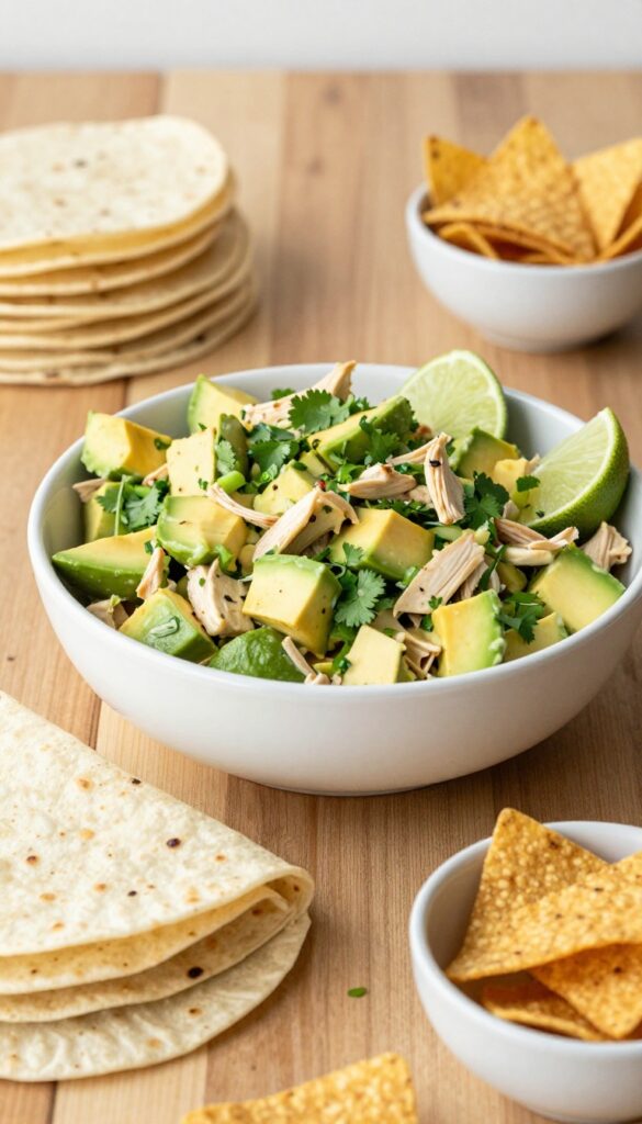 Chipotle chicken salad with avocado and lime served in a bowl with tortillas and chips
