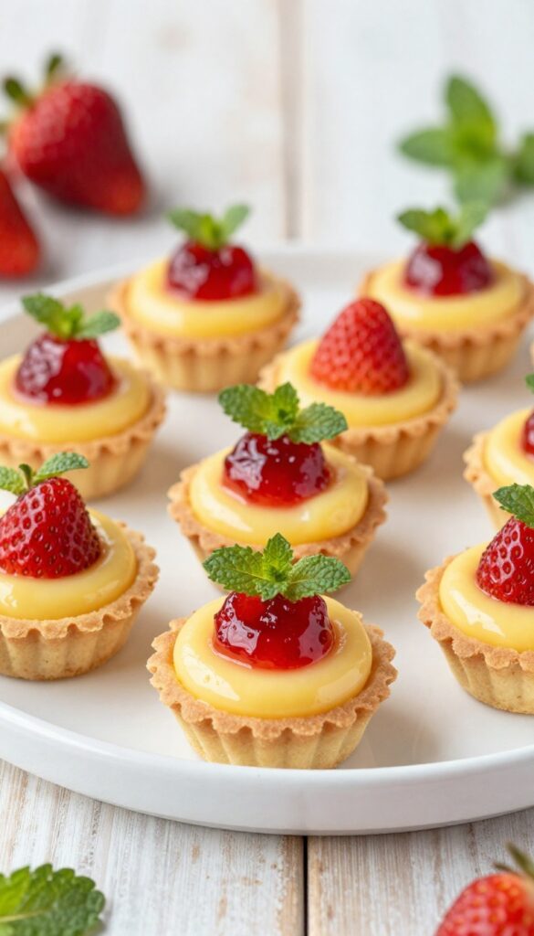 Mini strawberry lemon tartlets on a platter with fresh mint garnish