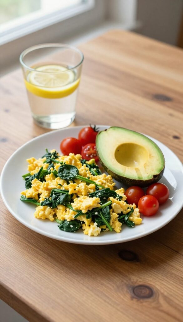 Scrambled eggs with spinach and avocado on a plate, with a glass of lemon water on a wooden table.