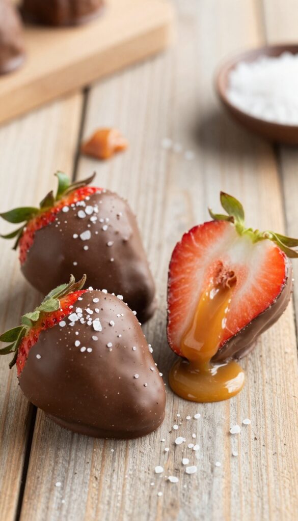 Chocolate covered strawberries stuffed with salted caramel, sprinkled with flaky sea salt, on a wooden table.