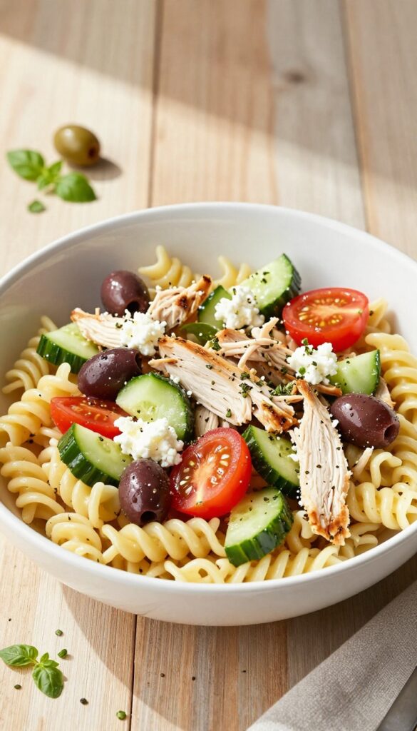 Greek chicken pasta salad in a white bowl with feta and olives on a wooden table.