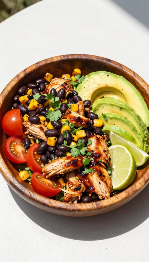 BBQ chicken salad with corn and black beans in a wooden bowl