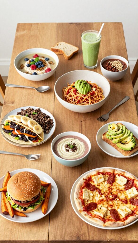 Flat lay of a week of vegan meals on a wooden table, including overnight oats, lentil soup, tacos, smoothie, avocado toast, quinoa salad, pasta, sandwich, chili, smoothie bowl, veggie burger, tofu scramble, wrap, and pizza.