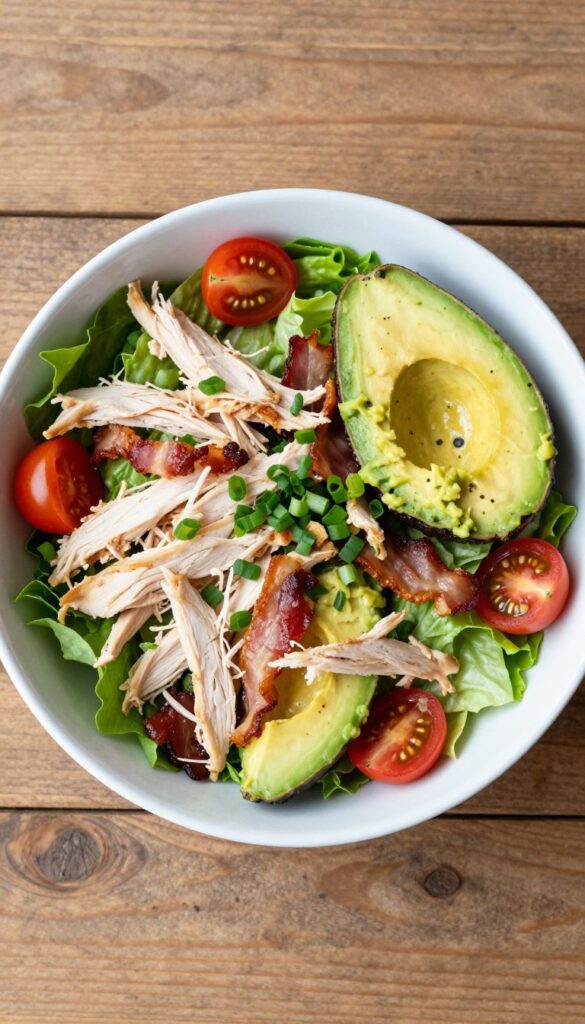 Avocado BLT Chicken Salad Bowl with shredded chicken, mashed avocado, crispy bacon, cherry tomatoes, and romaine lettuce in a white bowl on a wooden table.