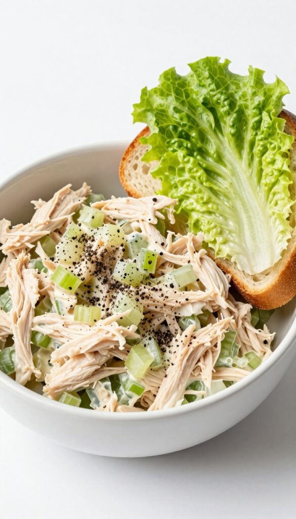 Creamy chicken salad with celery and onion on toasted sourdough bread