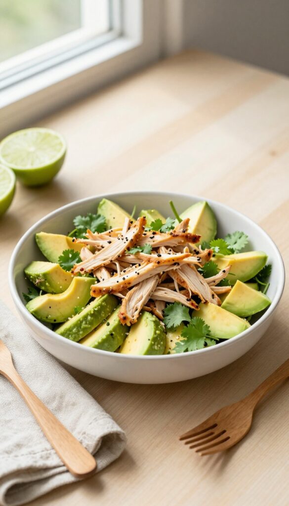 Classic Avocado Chicken Salad in a bowl with fresh ingredients, bright natural light, photorealistic food photography.