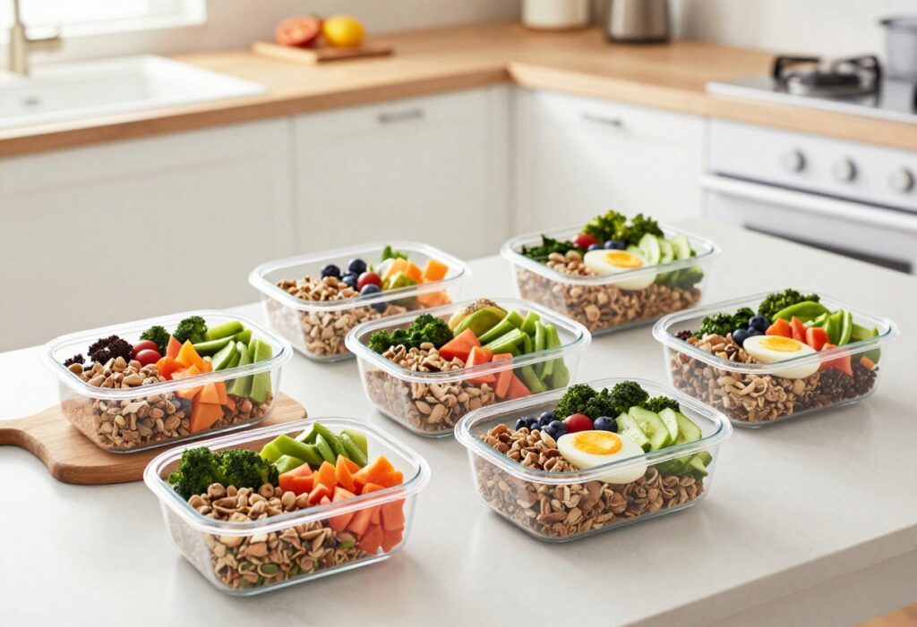 Heart-healthy meal with salmon, quinoa, broccoli, and berries on a wooden table