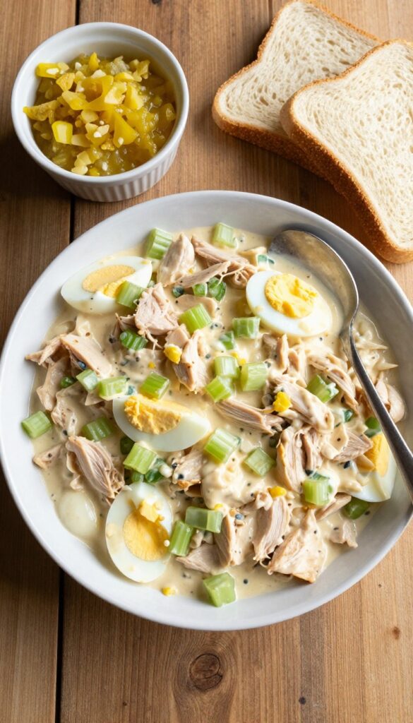Classic Southern chicken salad with boiled eggs in a bowl on a wooden table, with bread and relish.
