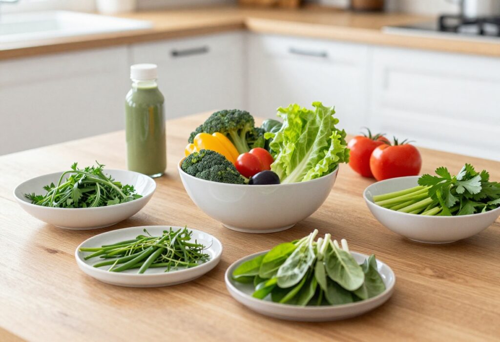A table with water, fruits, vegetables, and herbs representing a gentle approach to health.