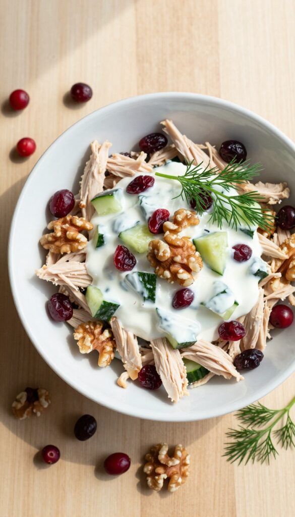 Cranberry-walnut chicken salad with cucumber in a white bowl on a wooden table, bright natural light