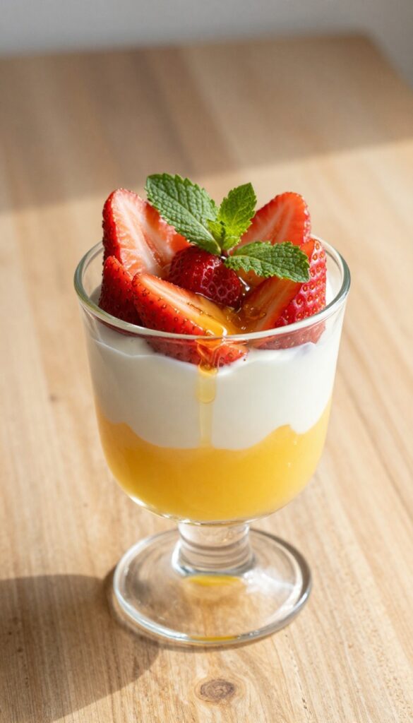 Strawberry lemon parfait with honey in a clear glass cup