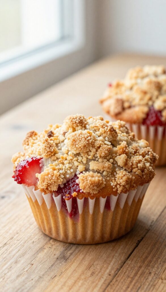 Close-up of a strawberry crumb topping muffin with golden streusel on a wooden table.