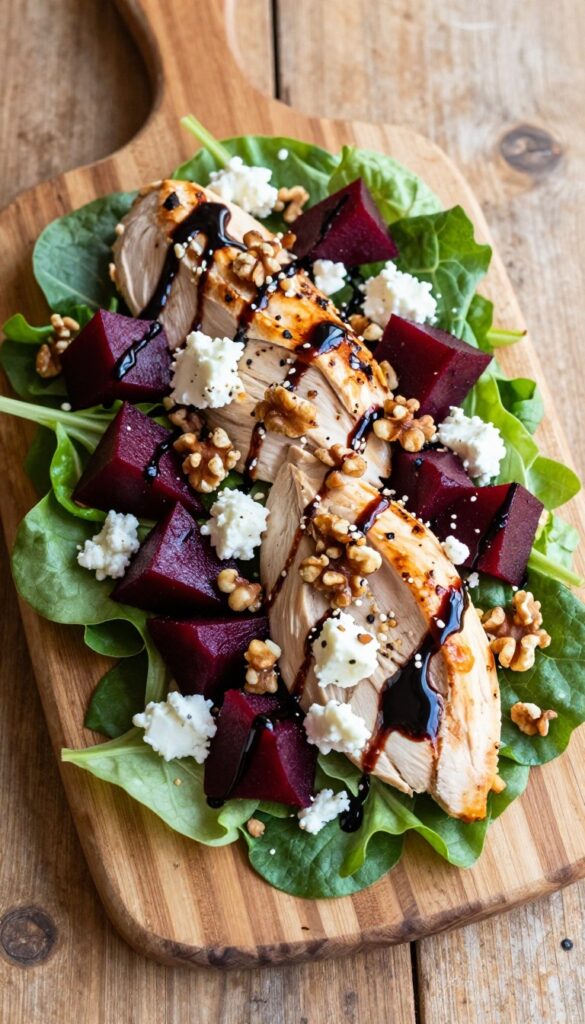 Warm roasted beet and goat cheese chicken salad with balsamic glaze on a wooden table