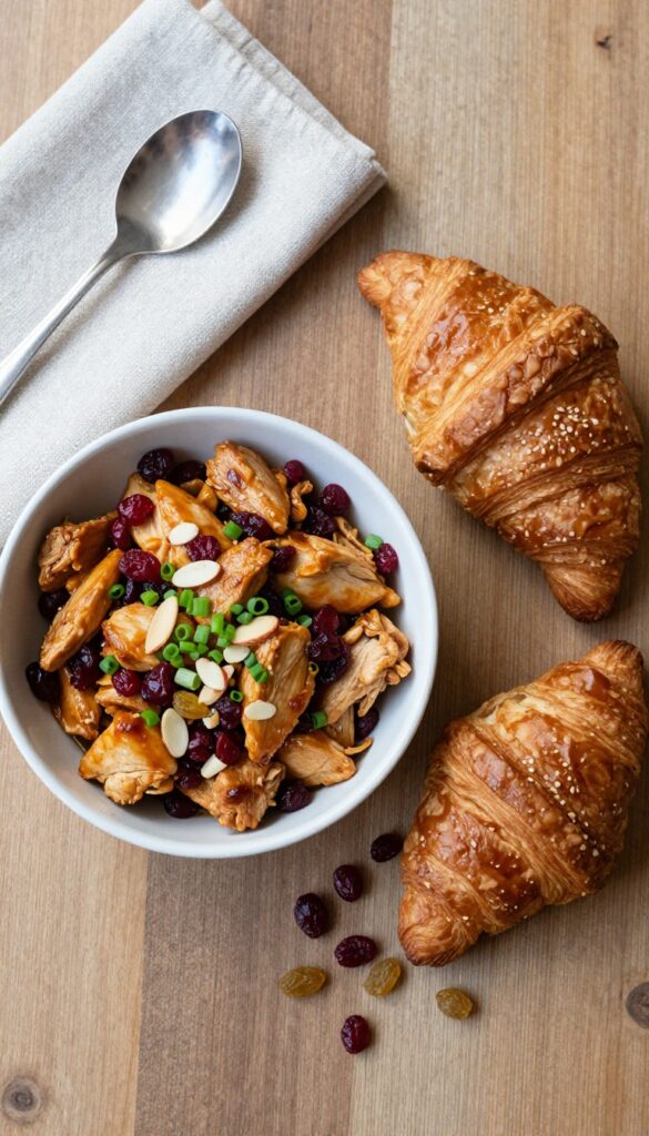 Curried cranberry chicken salad with almonds and golden raisins in a bowl, served with a croissant.