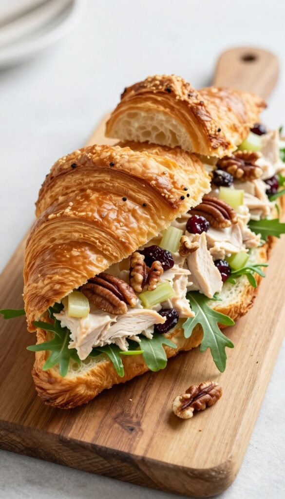 Honey Dijon cranberry chicken salad on a croissant with arugula, photographed from above on a wooden board.