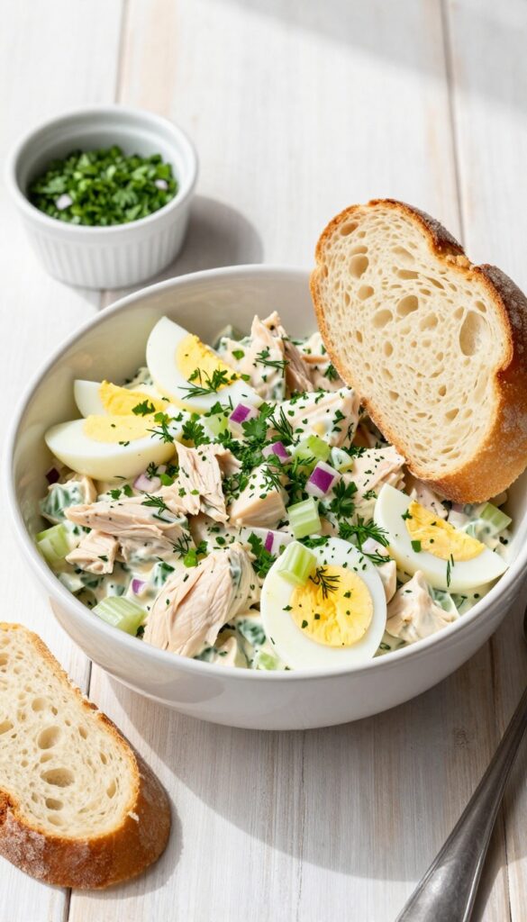 Herb and egg chicken salad in a white bowl with fresh herbs and toast on a wooden table.